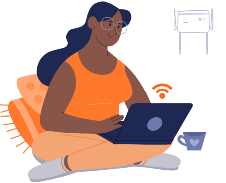Ilustração de uma mulher sentada com o computador no colo